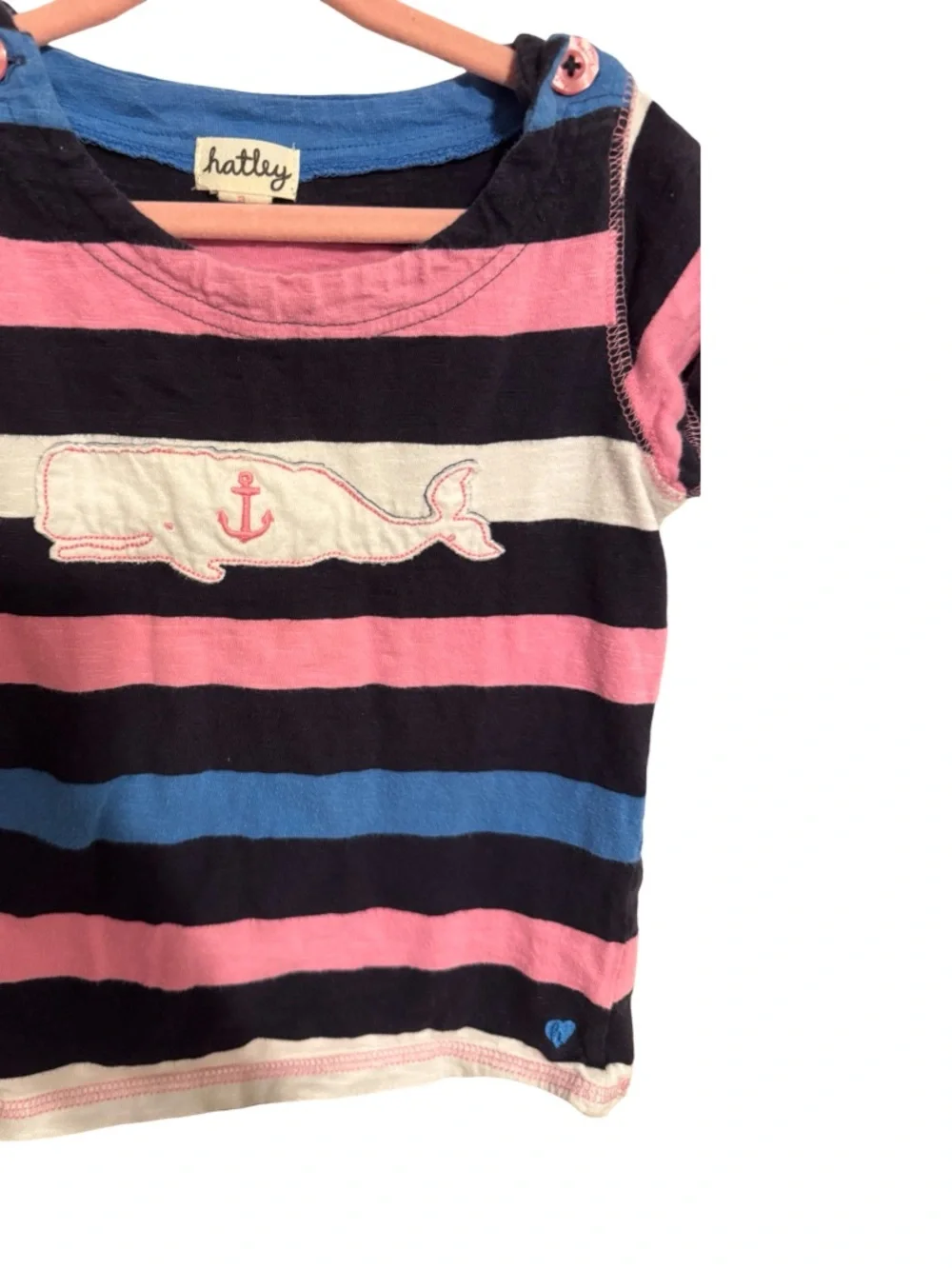 Hatley Nautical Whale Striped Shirt Girls Size 3 Navy Pink Short Sleeve